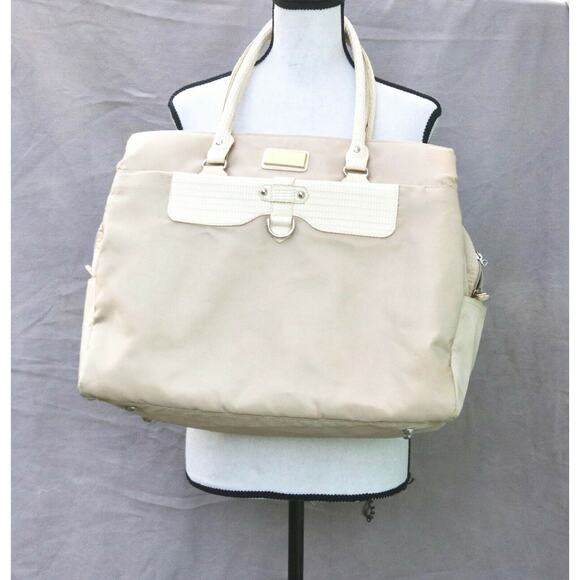 Nicole Miller Nylon Duffle Bag with Faux Croc Handles Cream Large Tan Beige - Picture 1 of 11
